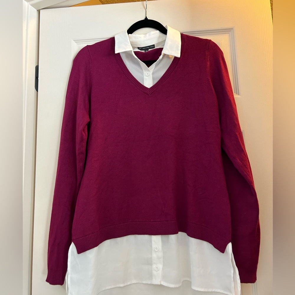 Maroon Plum White Long Sleeve Twofer Tunic Sweater Top